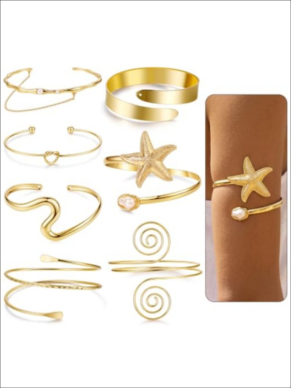 7PCS Gold Plated Arm Cuff Bangle Set Boho Stackable Jewelry for Women